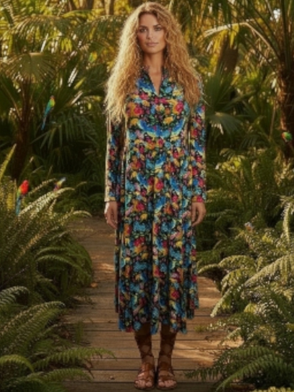 Briton Court Dress Bird Print Tropical Boho Midi Blue Orange Small